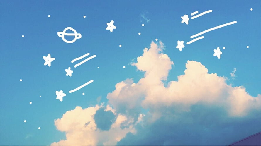 Cute Blue Sky with Hand-Drawn Stars, Shooting Stars, and Fluffy Clouds Aesthetic HD wallpaper