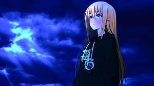 Anime Girl With Long Blonde Hair And Blue Eyes Wearing Black Hoodie Against Night Sky HD wallpaper
