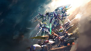 Gundam 00 Mobile Suit Battle Scene with Winged Mecha in Dramatic Cloudy Sky HD wallpaper