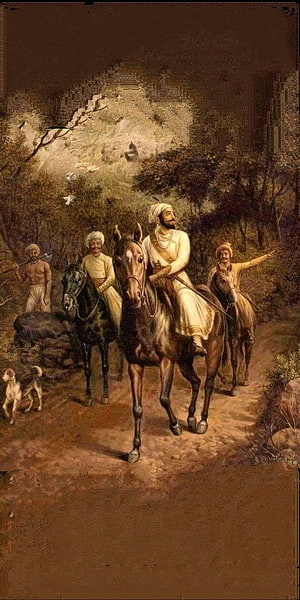 Chhatrapati Shivaji on Horseback with Companions in a Forested Landscape HD phone wallpaper