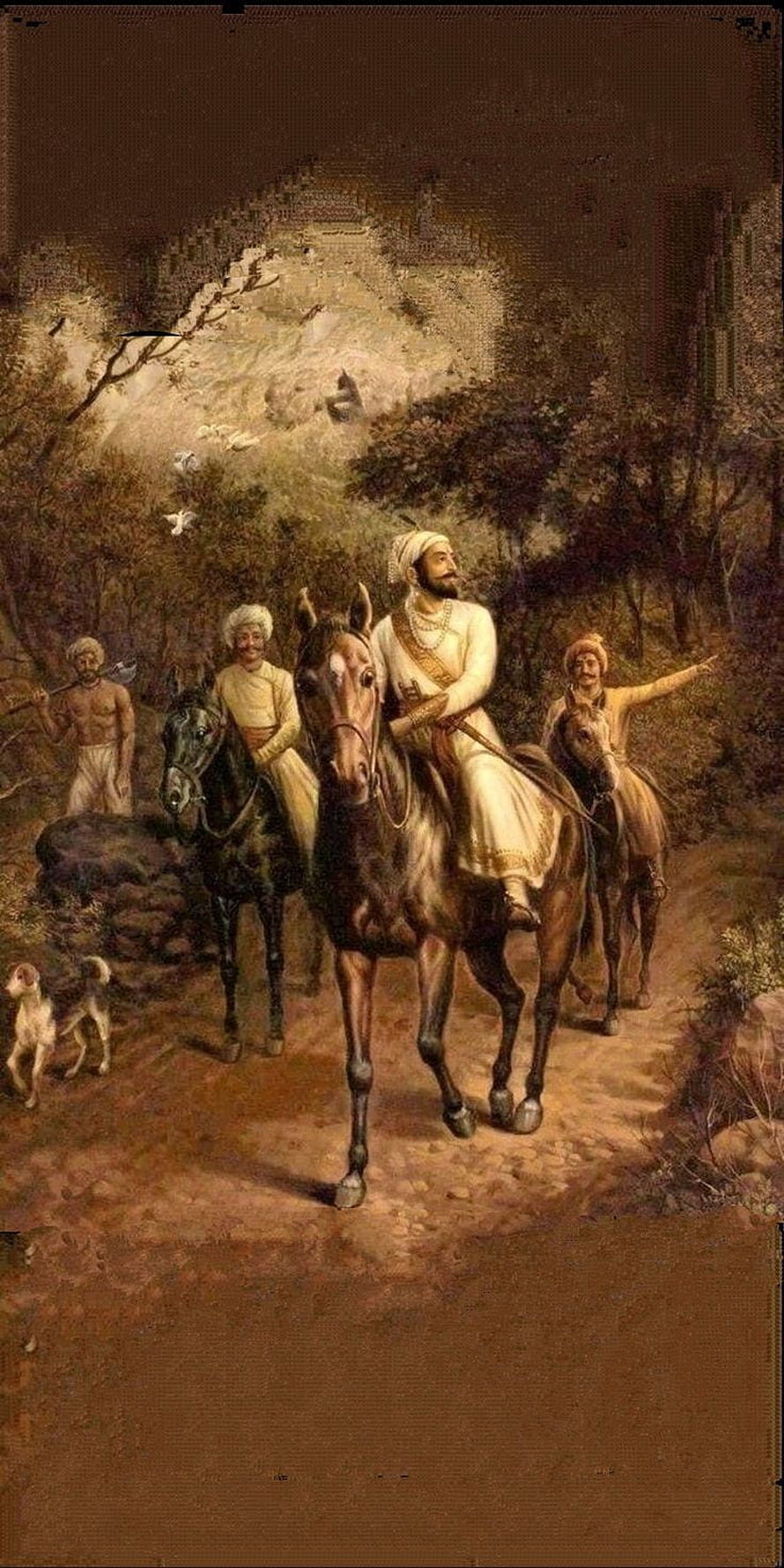 Chhatrapati Shivaji on Horseback with Companions in a Forested Landscape HD phone wallpaper