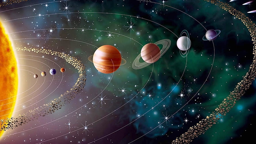 Illustrated Solar System with Planets, Asteroid Belt, and Nebula Background HD wallpaper