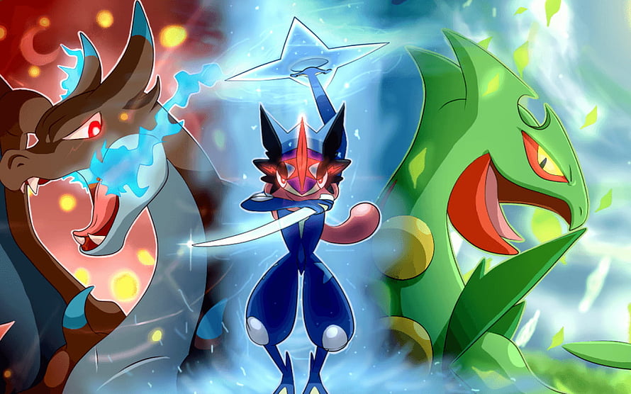 Shiny Ash Greninja Flanked By Charizard And Venusaur In Dynamic Anime Illustration HD wallpaper