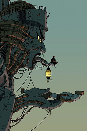 Colossal Mecha Statue with Glowing Lantern and Tiny Figure in Muted Illustration HD phone wallpaper