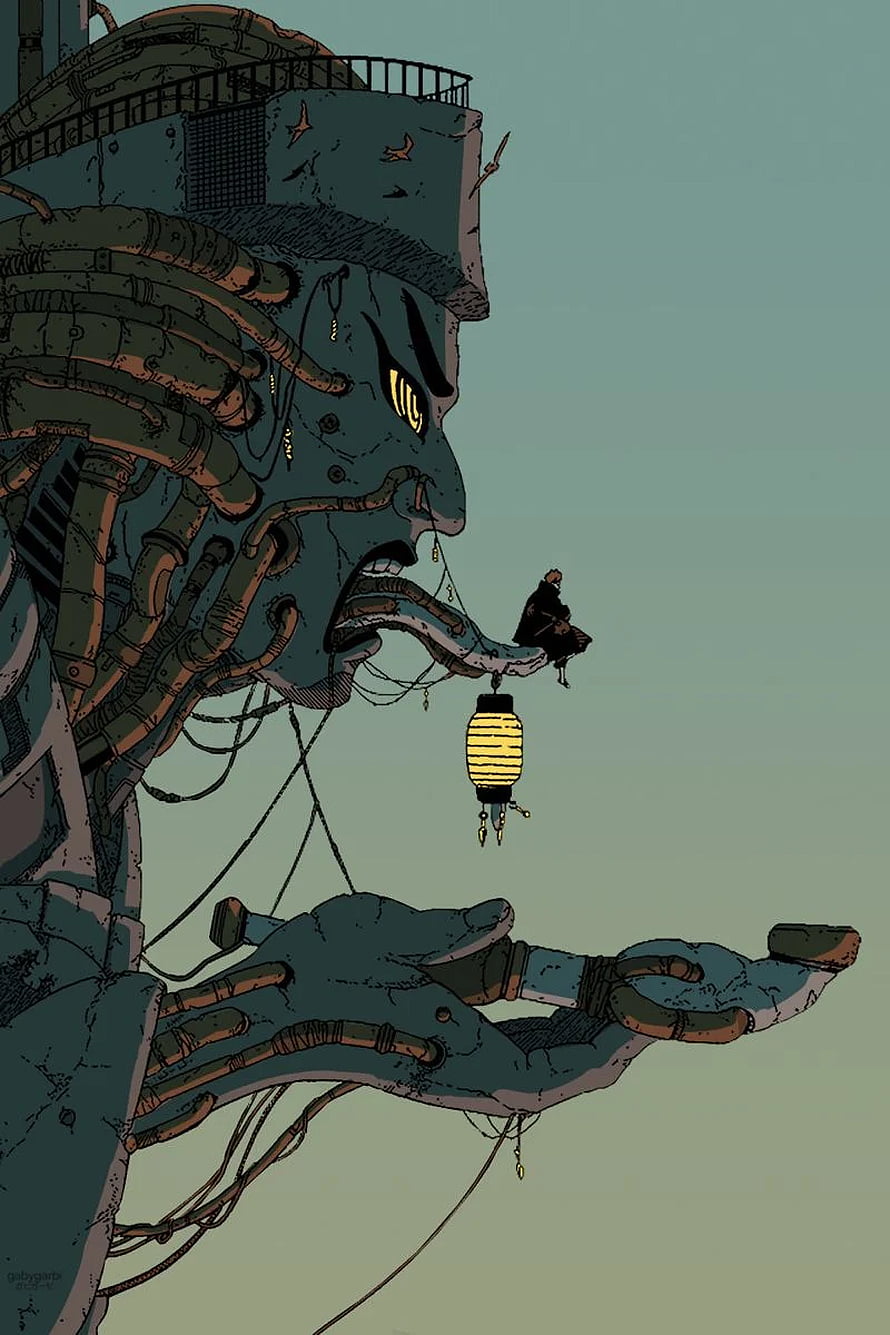 Colossal Mecha Statue with Glowing Lantern and Tiny Figure in Muted Illustration HD phone wallpaper