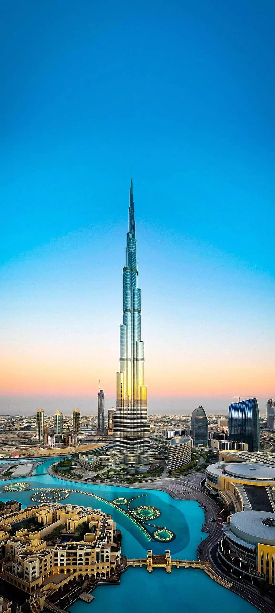 Burj Khalifa Skyline View With Dubai Fountain At Sunset HD phone wallpaper