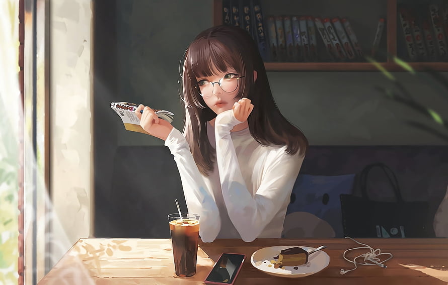 Anime Girl With Glasses Reading Book In Cafe With Iced Coffee HD wallpaper