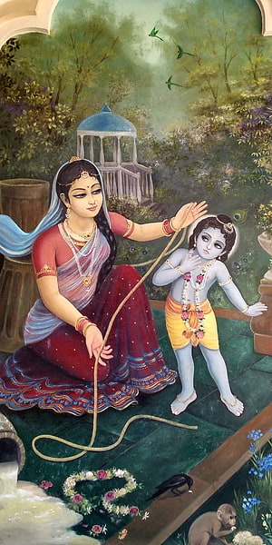 Krishna Leela: Young Krishna and Mother Yashoda in a Lush Garden Setting HD phone wallpaper