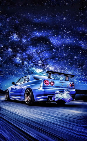 Blue Nissan Skyline GT-R R34 drifting under a starry night sky with glowing exhaust flames HD phone wallpaper