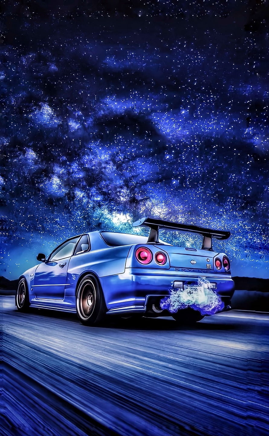 Blue Nissan Skyline GT-R R34 drifting under a starry night sky with glowing exhaust flames HD phone wallpaper