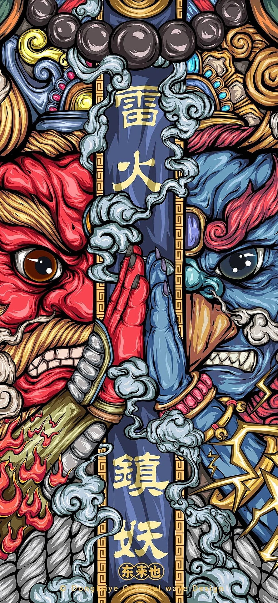 Red and Blue Chinese Guardian Deities Holding Thunder Fire Talisman, Art. Dragon , Graffiti , Pop art , Japanese Tattoo HD phone wallpaper