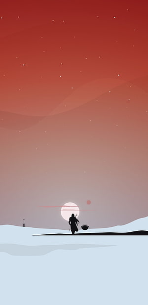 The Mandalorian Silhouette Standing in Snowy Landscape Under Red Starry Sky HD phone wallpaper