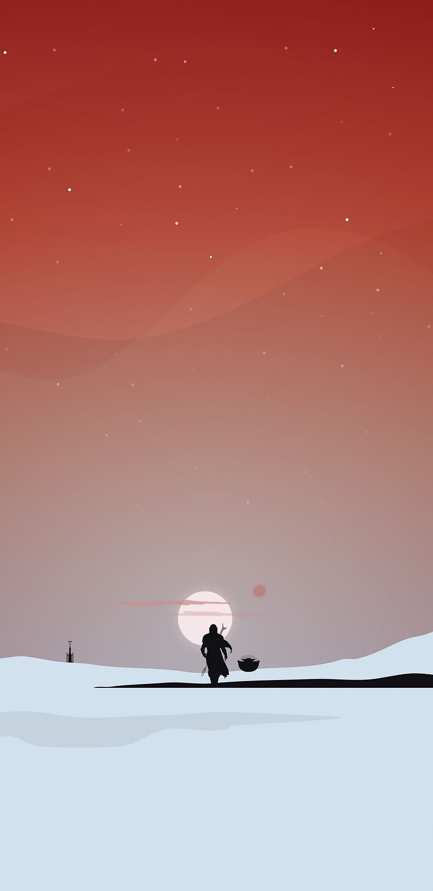 The Mandalorian Silhouette Standing in Snowy Landscape Under Red Starry Sky HD phone wallpaper