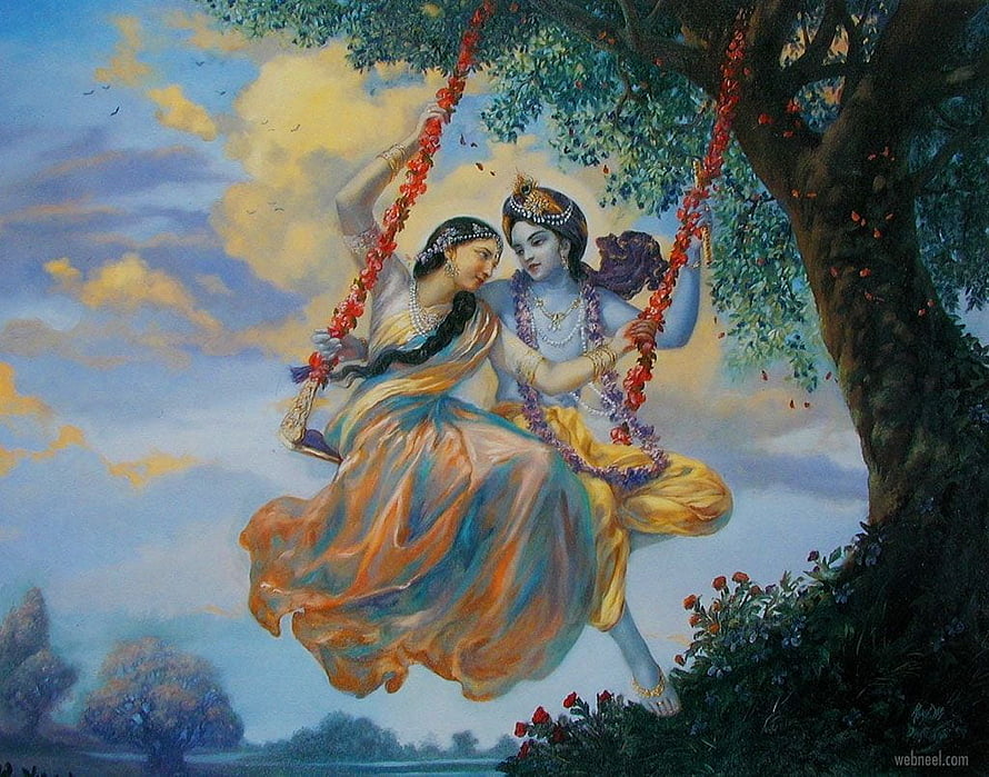 Radha and Krishna on a Swing in Vrindavan, Classic Indian Mythological Art HD wallpaper