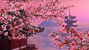 Cherry Blossoms and Mount Fuji with Traditional Japanese Pagoda in Pink Sky HD wallpaper