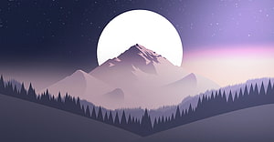 Minimalist Vector Illustration of a Snowy Mountain Peak Under a Giant Full Moon and Starry Night Sky HD wallpaper