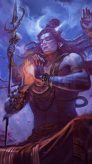 Majestic Shiva holding trident and damaru with glowing hands under moonlight HD phone wallpaper