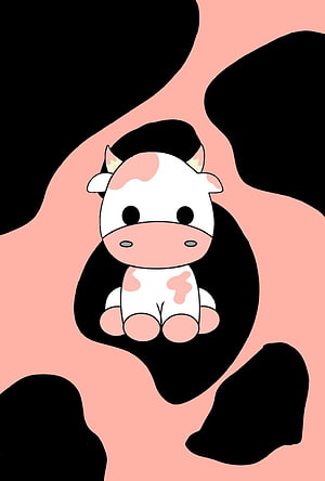 Cute Cartoon Cow Sitting on Pink and Black Cow Print Background HD phone wallpaper