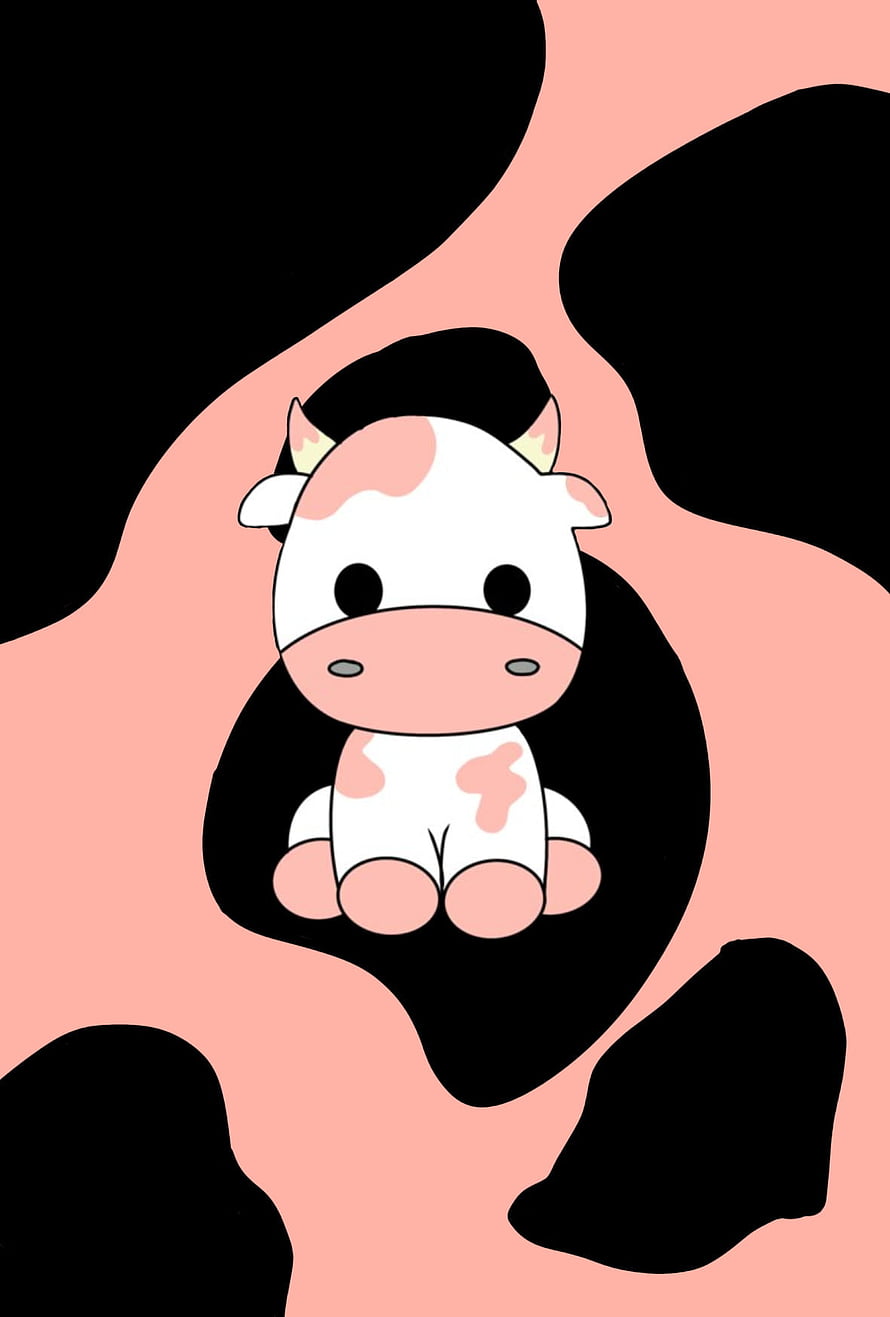 Cute Cartoon Cow Sitting on Pink and Black Cow Print Background HD phone wallpaper