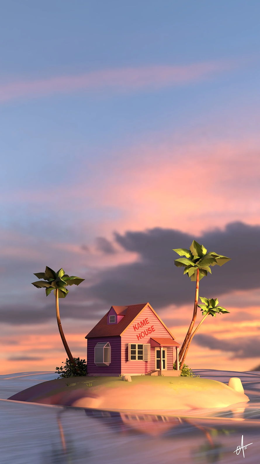 Kame House on a Tropical Island at Sunset in 3D Render Style HD phone wallpaper