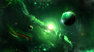 Vibrant Green Nebula and Distant Planets in Deep Space HD wallpaper