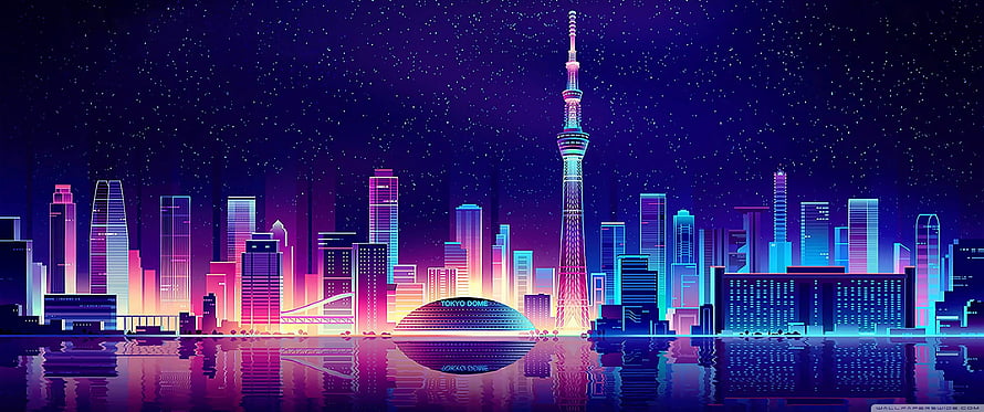 Neon Tokyo Skyline With Tokyo Skytree And Dome At Night HD wallpaper