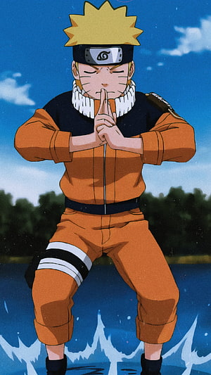 Naruto Uzumaki Performing Hand Seals in Orange Jumpsuit HD phone wallpaper