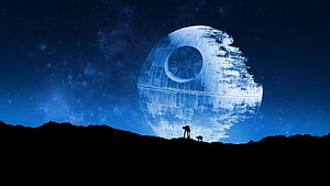 Star Wars Death Star and AT-AT Walkers Silhouette Against Blue Starry Sky HD wallpaper
