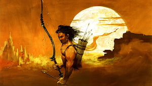 Fantasy Archer With Bow And Arrows Against Giant Moon And Distant Castle HD wallpaper