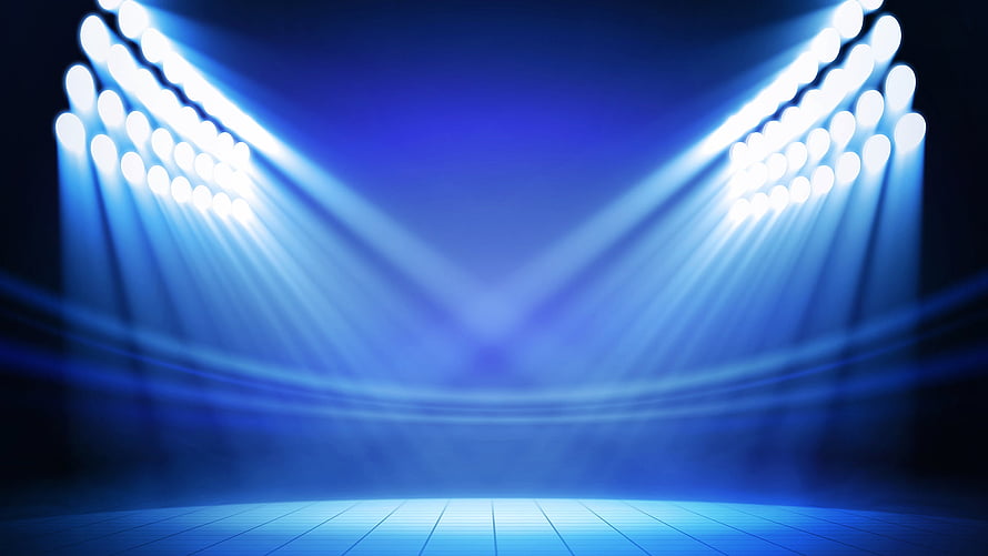 Blue Stage Spotlight Beams Illuminating an Empty Performance Venue with Dramatic Lighting HD wallpaper