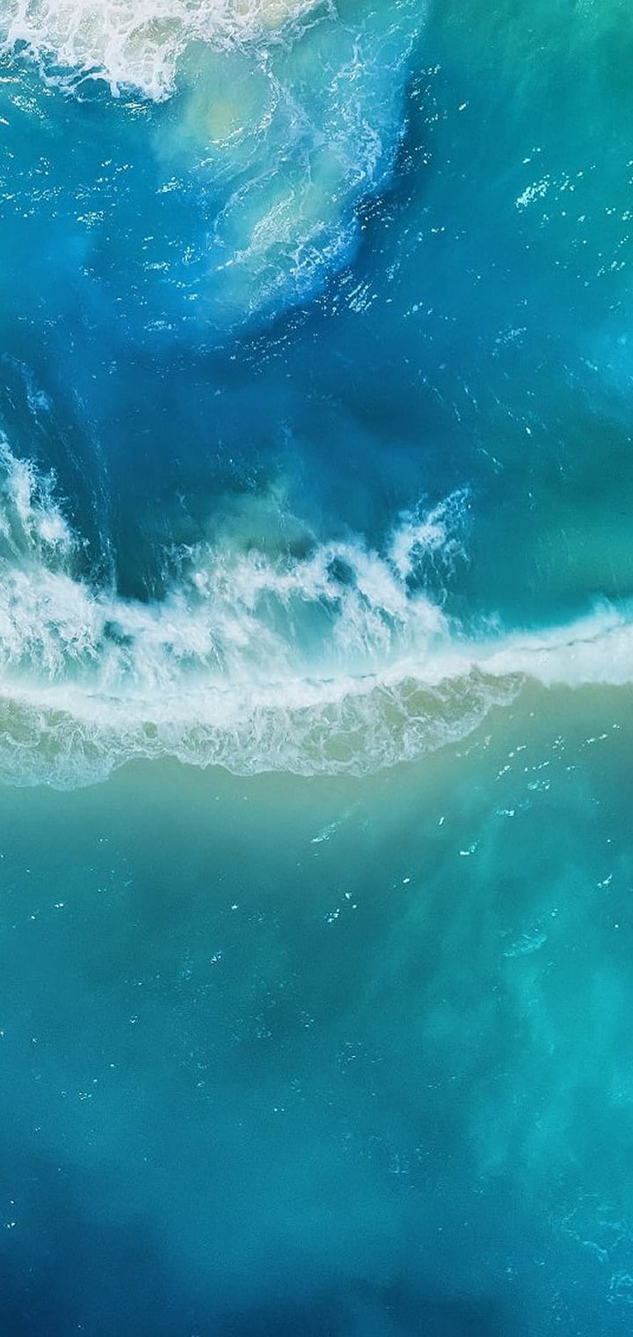 Aerial View of Turquoise Ocean Waves Crashing with White Sea Foam HD phone wallpaper