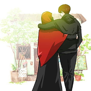 Anime Couple Hugging Outside House With Red Scarf HD phone wallpaper
