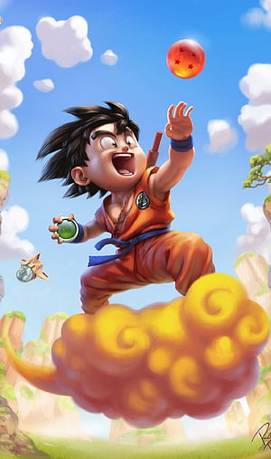 Kid Goku Riding Flying Cloud Reaching for Dragon Ball in Vibrant Sky HD phone wallpaper