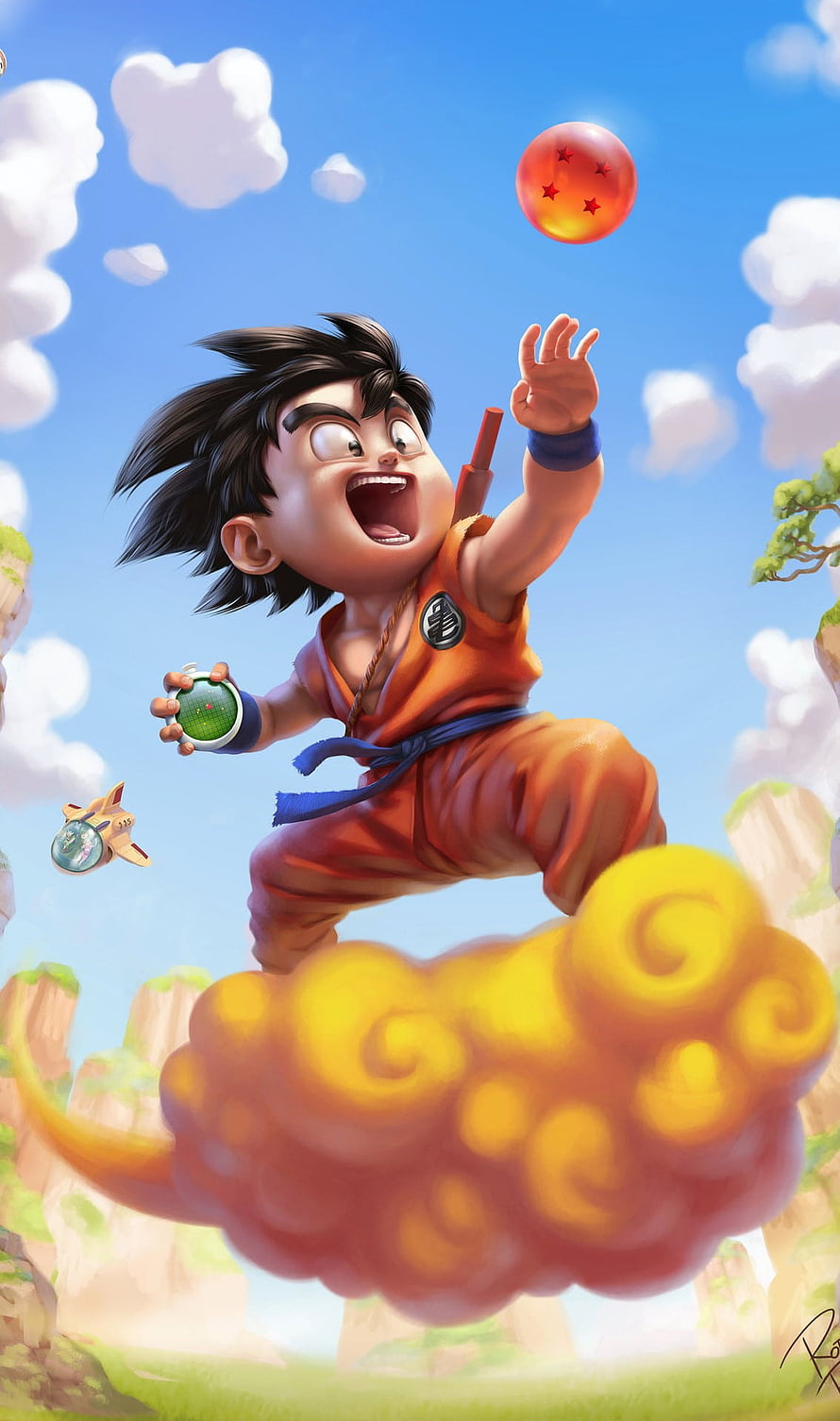 Kid Goku Riding Flying Cloud Reaching for Dragon Ball in Vibrant Sky HD phone wallpaper