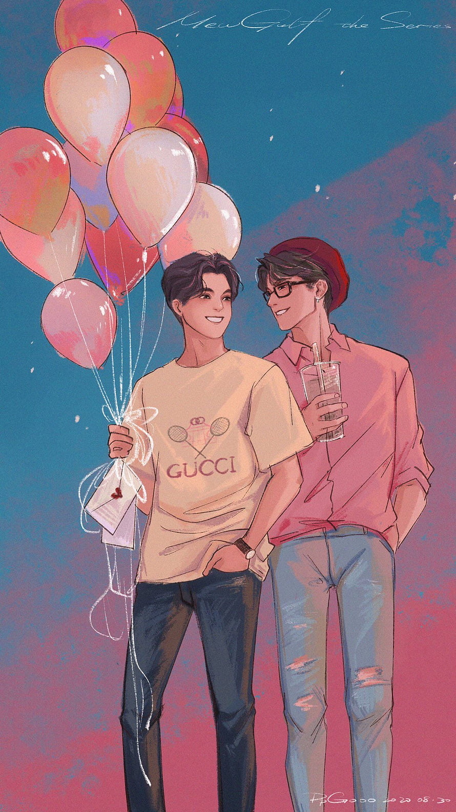 Two smiling young men holding pink balloons and a drink in a soft pastel digital illustration HD phone wallpaper