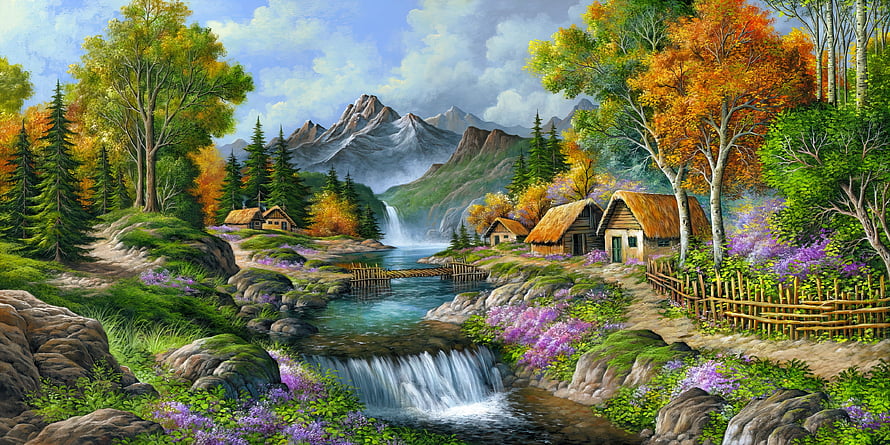 Serene Autumn Mountain Village with Waterfall and Thatched Cottages HD wallpaper