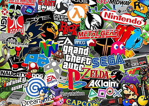 Retro Video Game Logo Collage Featuring Nintendo, Sega, PlayStation, and Classic Gaming Icons HD wallpaper