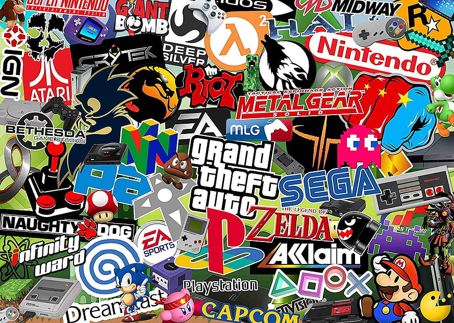 Retro Video Game Logo Collage Featuring Nintendo, Sega, PlayStation, and Classic Gaming Icons HD wallpaper