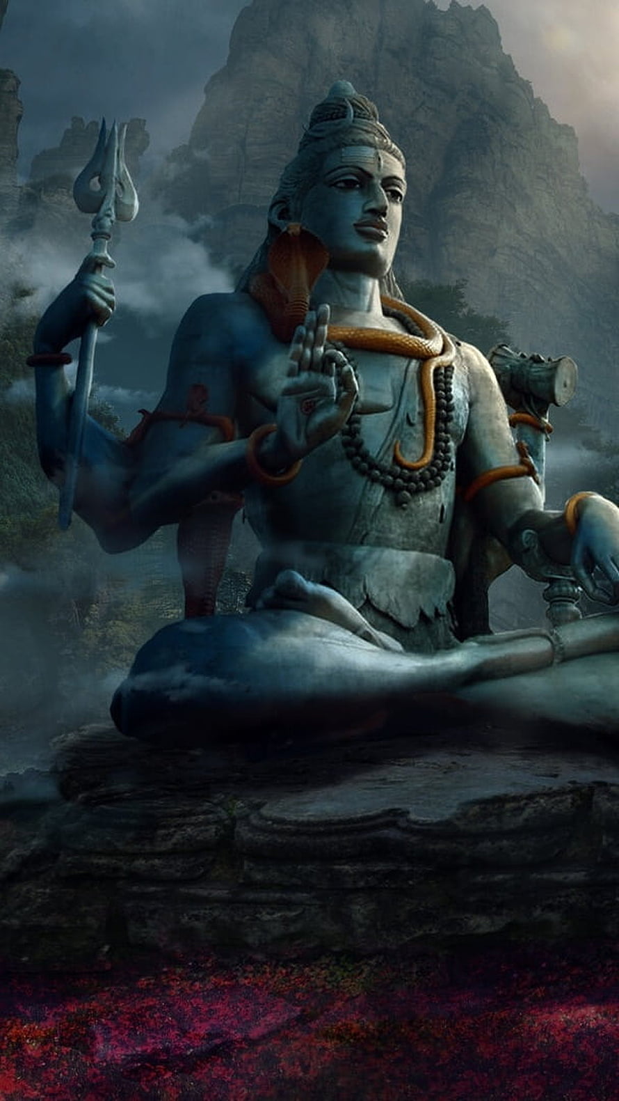 Majestic Blue Skanda Statue Holding Trishul in Misty Mountain Landscape HD phone wallpaper