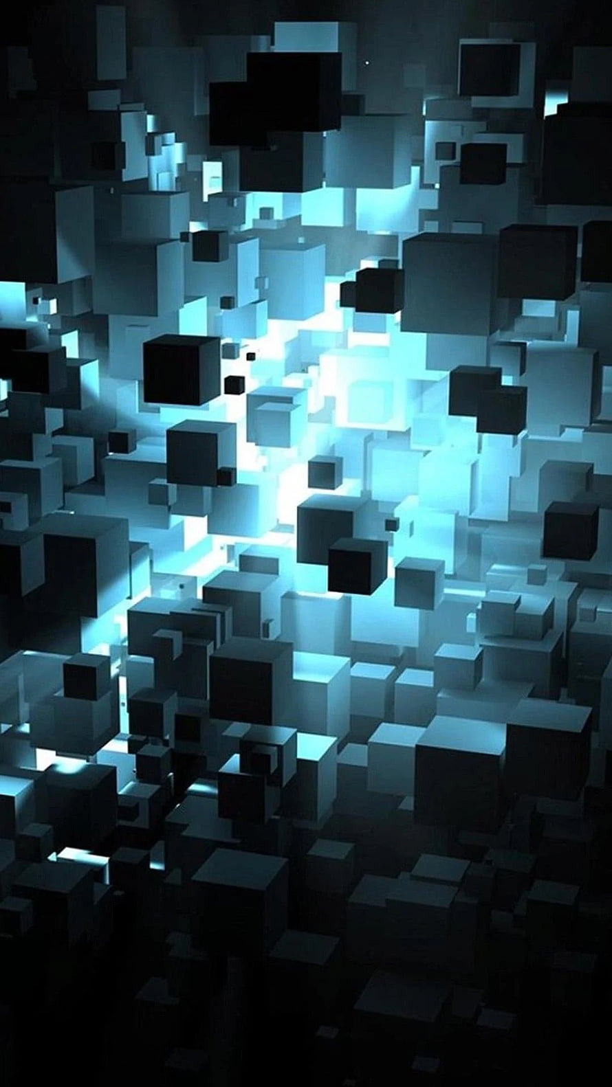 Abstract 3D Cube Explosion with Glowing Blue Light and Dark Geometric Shapes HD phone wallpaper