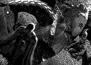 Berserk Manga Panel Featuring Dark Fantasy Characters and Intricate Black Ink Illustration HD wallpaper