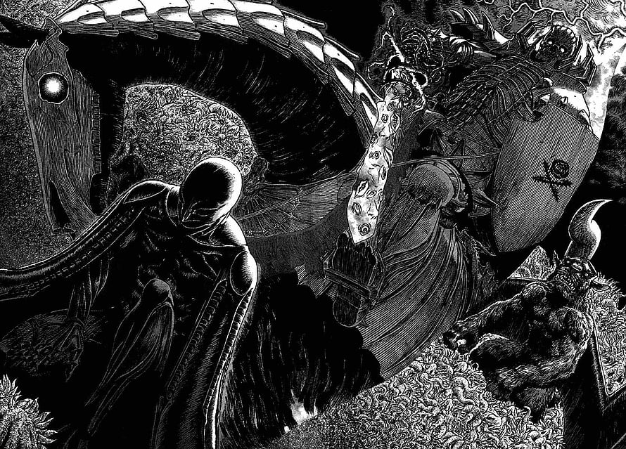Berserk Manga Panel Featuring Dark Fantasy Characters and Intricate Black Ink Illustration HD wallpaper
