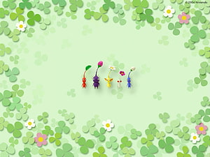 Pikmin 1, 2, 3, 4, and 5 characters standing in a row surrounded by green clovers and flowers HD wallpaper