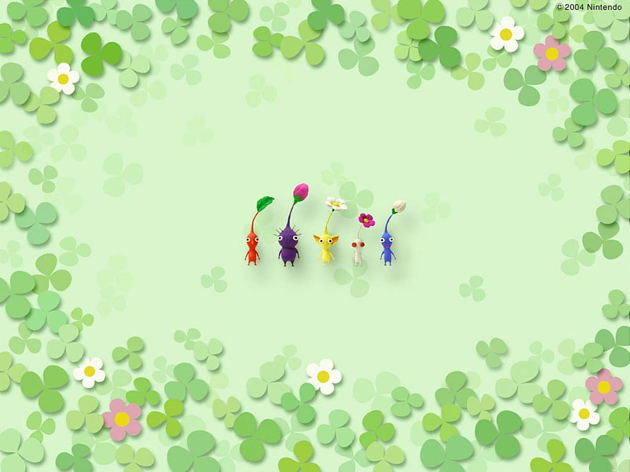 Pikmin 1, 2, 3, 4, and 5 characters standing in a row surrounded by green clovers and flowers HD wallpaper
