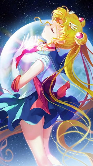 Sailor Moon Anime Character Floating in Starry Space with Moon Halo HD phone wallpaper