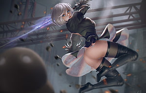 2B from Nier Automata leaping in combat with glowing blade HD wallpaper