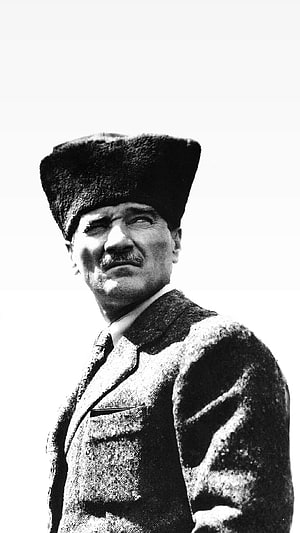 Mustafa Kemal Atatürk in Traditional Hat and Coat, Black and White Portrait HD phone wallpaper