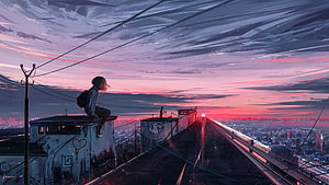 Anime Girl Sitting on Rooftop Overlooking City at Sunset HD wallpaper