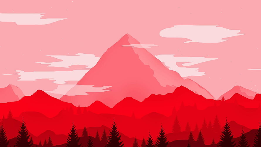 Minimalist Red Mountain Landscape with Pine Forest Silhouettes and Pink Sky HD wallpaper
