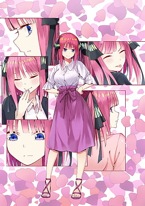 Nino Nakano from The Quintessential Quintuplets in a White Blouse and Purple Skirt HD phone wallpaper